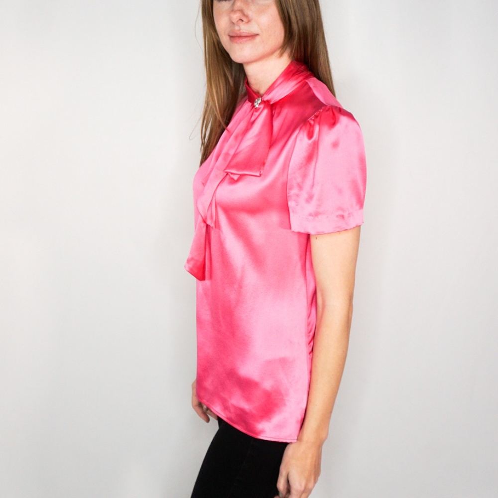 MILLY Silk Pink Rhinestone Bow Blouse - Picture 5 of 7